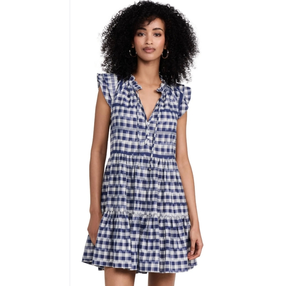VERONICA BEARD Zee Gingham Tiered Cotton Mini Dress Blue 2